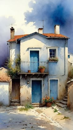 a painting of an old house with blue doors and shutters on the outside, in front of a cloudy sky