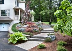 a house with landscaping and steps leading to the front door