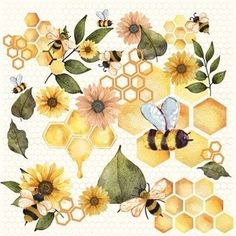 bees and sunflowers with honeycombs, leaves and flowers on white background