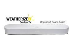 an image of a white sound bar with the weatherized outdoor tv logo above it