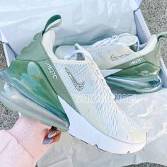 Brand New With Box Authentic Swarovski On 4 Sides And Back Weird Nike Shoes, Cute Air Maxes, Cute Popular Shoes, 270 Air Max Shoes Outfit, Preppy Nikes, Nike Green Shoes, Nike 270 Shoes, Sage Green Shoes, 270 Air Max Shoes