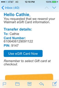 an iphone screen with the text hello cathi, you requested that we resend your walmart gift card information