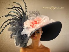 Black Kentucky Derby Hat with pink silk rose Looks elegant and beautiful from all angles. Stunning silk and velvet rose with layers of luxurious crinoline and netting on floppy, over-sized hat. Perfect for Kentucky Derby, Kentucky Oaks, Del Mar races, hat contests, Melbourne Cup, Royal Ascot, church, galas, high tea, weddings, cocktail parties, and more.    *FREE SHIPPING  Handmade by Aimee Fuller in Southern California Cup Hat