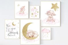 four pink and gold nursery art prints with sheep on the moon, stars and clouds