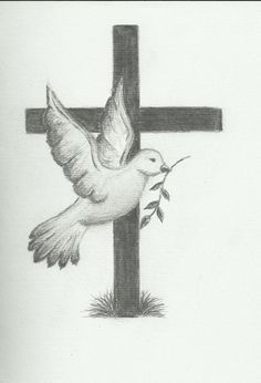 a drawing of a cross with a dove holding a twig in it's beak