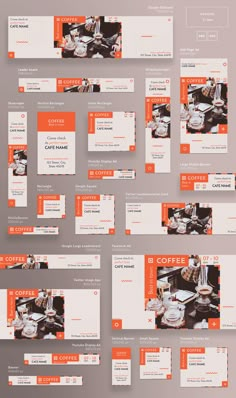 an orange and white presentation board for coffee shop