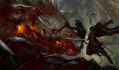 two demonic creatures attacking each other in front of a giant demon with glowing eyes and sharp fangs