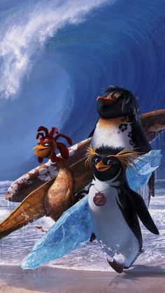 two penguins are running on the beach with surfboards in their hands and one penguin is carrying a surfboard