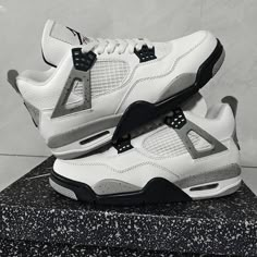 Jordan 4 Retro Mid White Cement/Black New In Box! I Believe The Shoes I Sell Here Will Bring You Good Luck. Thank You For Your Order And I Hope You Enjoy Your New Pair Of Sneakers! For Product Details, Please Refer To The Photo Taken. J4 Shoes, White Cement 4s, Jordan 4 White Cement, Pretty Sneakers, Trendy Shoes Sneakers, Nike Fashion Shoes, Jordan Shoes Retro, Jordan 4s, Pretty Shoes Sneakers