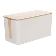 a white box with a wooden handle on the top and bottom, against a white background