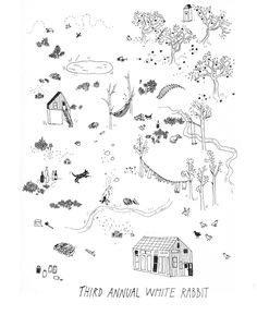 a black and white drawing of a small house surrounded by trees, birds, and other things