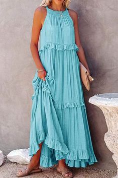 Flowy Beach Dress, Textured Maxi Dress, Ruffle Long Dress, Tie Up Dress, Holiday Dresses Women, Dress Cake, Sleeveless Long Dress, Beach Maxi Dress, Estilo Chic