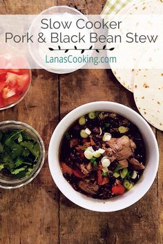 A bowl of pork and black bean stew with tortillas on the side. Black Bean Stew, Cold Weather Comfort Food, Pork Shoulder Roast, Recipe Cover, Crockpot Cooking, Comfort Food Southern, Bean Stew, Fire Roasted Tomatoes, Slow Cooker Pork