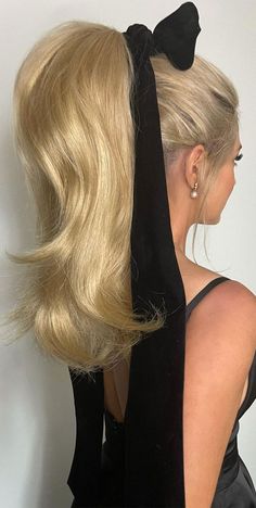 Wedding Hair Styles Ponytail, Wig Into Ponytail, Paris Hilton Ponytail, Curled Ponytail With Bangs, Long Thick Ponytail, Bow In Ponytail, Ponytail With A Bow, Thick Ponytail Hairstyles, Ponytail With Bow Hairstyle