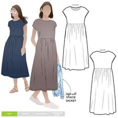 a women's dress and top sewing pattern with the front view of the dress