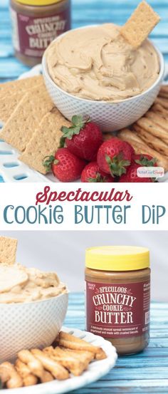 an image of peanut butter dip with strawberries and crackers