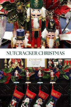 nutcracker christmas stocking is displayed in front of a fireplace with other holiday decorations