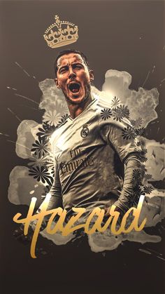 a man with a crown on his head and the words hazard in gold lettering above him