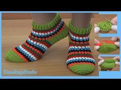 there is a woman's feet with crocheted socks and slippers on