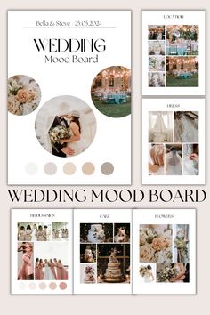 the wedding mood board is shown with photos and text on it, along with an image of