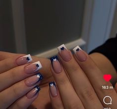 Nails For School Square, Negative Space Nails Square, Simple Nails Navy Blue, Blue Tips Nails Acrylic, Blue Winter Nails Square, Navy Blue Homecoming Nails, Dark Blue Nail Inspo With Design, Navy Blue Square Acrylic Nails, Sparkly Navy Blue Nails