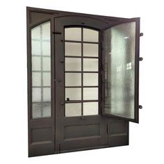 an open door with frosted glass on the inside and outside doors in dark brown