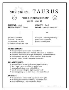 the sun signs taurus is written in black and white on a white background with text