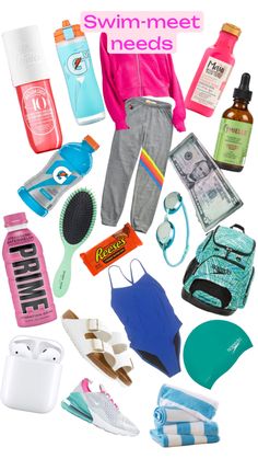 the contents of a woman's swim - meet bag are arranged in a circle