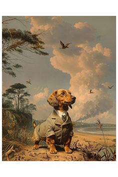 a painting of a dachshund wearing a jacket