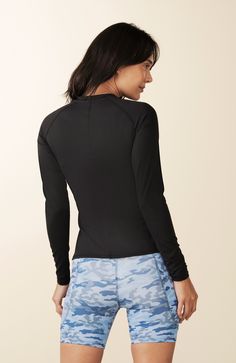 Streamlined Long Sleeve Top, a lightweight workout layer that's as versatile as it is stylish. Whether you're practicing yoga or embracing an active lifestyle beyond the studio, this top is a forward stunner that effortlessly elevates your look.  At LOSANO we help elevate every moment with clothing that is better for you! Crew neck Curved contrast panels Body skimming Split hem PFA Free BPA Free Moisture wicking Breathable UV Protective Made from sustainable materials 79% Recycled Polyester 21% High Stretch Tops With Built-in Padding For Pilates, Fitted Yoga Top With Built-in Padding, Nylon Training Tops With Built-in Padding, Compressive Elastane Tops For Yoga, Fitted Versatile Top For Yoga, Versatile Fitted Yoga Top, Versatile Fitted Top For Yoga, Athleisure Tops With Mesh Back And Stretch, Black Compression Tops Made Of Elastane