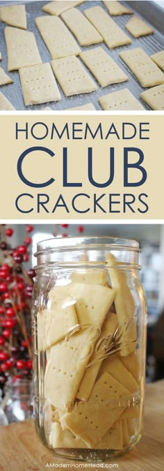 homemade club crackers in a jar on a table with text overlay that reads homemade club crackers