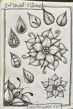 a drawing of flowers and leaves in black ink on white paper with the words flower flame written