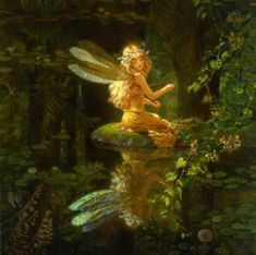 a painting of a fairy sitting on top of a rock