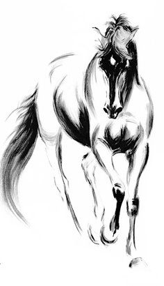 a black and white drawing of a running horse