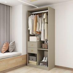 an open closet with clothes and shoes on the shelves, next to a small bed