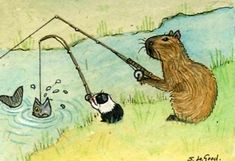 a drawing of a beaver catching a fish with a fishing rod while another bear looks on