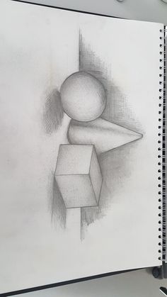 a pencil drawing of a person standing in front of a cube on a white paper