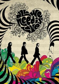 the beatles are walking in front of an artistic background with flowers and swirls on it