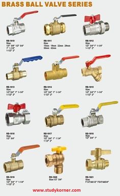 various types of brass valves with different colors and sizes for each one, including red, yellow