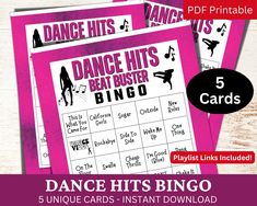 the dance hits flyer is shown with pink and black text, which reads 5 unique cards - instant printable