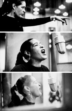 three different shots of a woman singing into a microphone