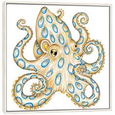 an octopus with blue and white stripes on it's body, in front of a white background