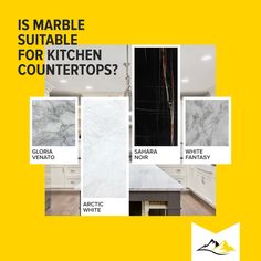 an advertisement for marble kitchen countertops in yellow and white colors with the words is marble suitable for kitchen counters?