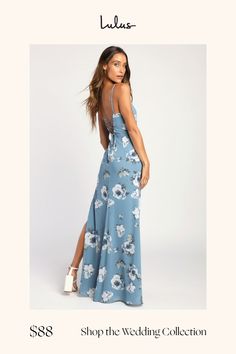 You are sure to look absolutely breathtaking with the Lulus Feeling Elegant Slate Blue Floral Print Lace-Up Slit Maxi Dress! Lightweight woven chiffon, that boasts a ivory, blue, and green floral print throughout, shapes a straight neckline and adjustable spaghetti straps. A princess-seamed bodice, with a lace-up back, tops a flowy mermaid skirt, detailed with a thigh-high slit. Hidden back zipper/clasp. Fit: This garment fits true to size. Length: Floor length. Size medium measures 56" from adj Beach Formal Attire, Floral Print Chiffon Maxi Dress, Floral Print Chiffon, Green Floral Print, Mermaid Skirt, Chiffon Maxi, Blue Floral Print, Floral Blue Dress, Chiffon Maxi Dress