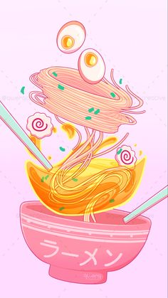 an illustration of noodles in a bowl with chopsticks