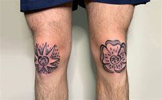 two tattoos on the legs of a man with blue shorts and white shoes, one has a flower