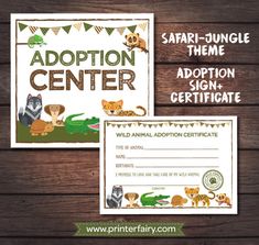 an animal sign and certificate are shown on a wooden background with the words adopton center