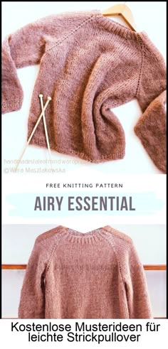 the knitting pattern for an airy sweater is shown in three different colors and sizes