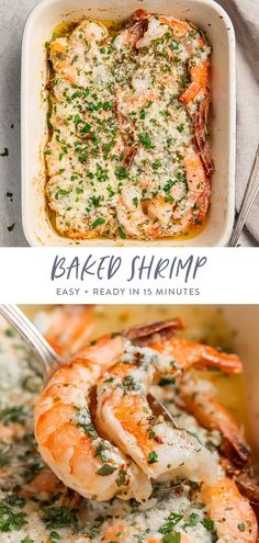 baked shrimp in a casserole dish with parsley on top and another side