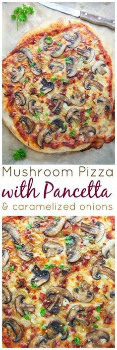 a pizza with mushrooms on it and the words, mush pizza with ricotta and caramelized onions